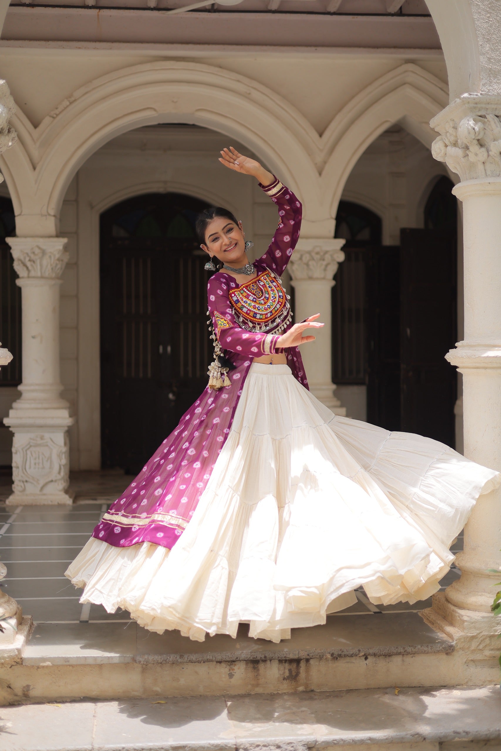 β¨  Navratri Collection - Bandhani Print Kurti with Kora Cotton Lehenga